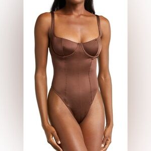 SKIMS Satin Stretch Corset Bodysuit | Cocoa | Size S